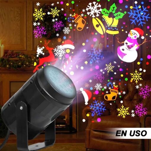 Mini proyector navideño proyectando copos de nieve y figuras de Navidad