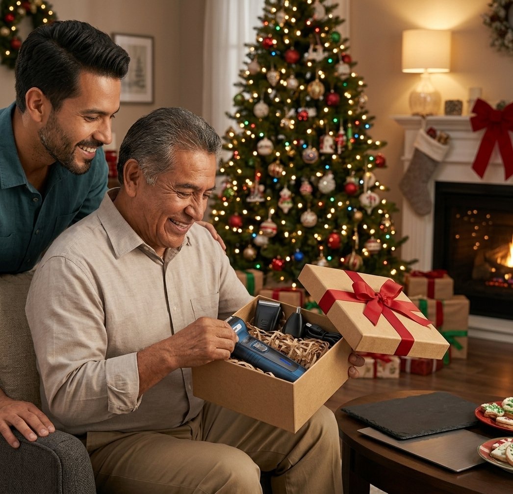 Papá abriendo la afeitadora Sonar como regalo de Navidad