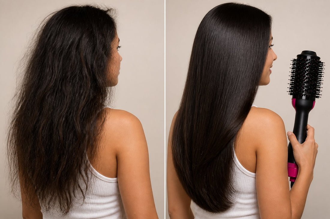 Antes y después: cabello con frizz y cabello liso con el cepillo secador
