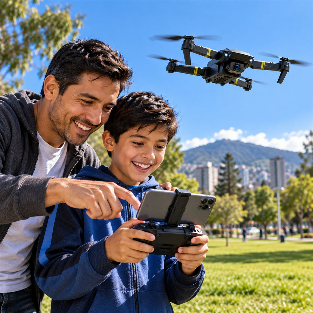 Papá e hijo usando el control del dron con el celular en el soporte