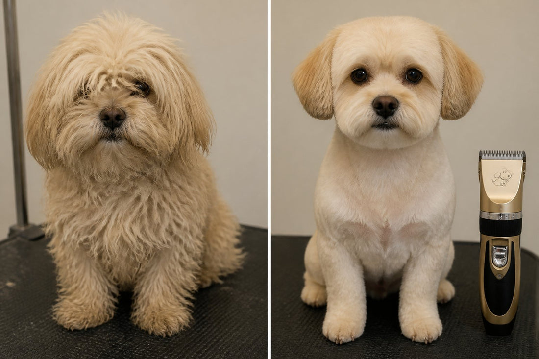 Cortadora de pelo para mascotas antes y después de cortar el pelo a un perro