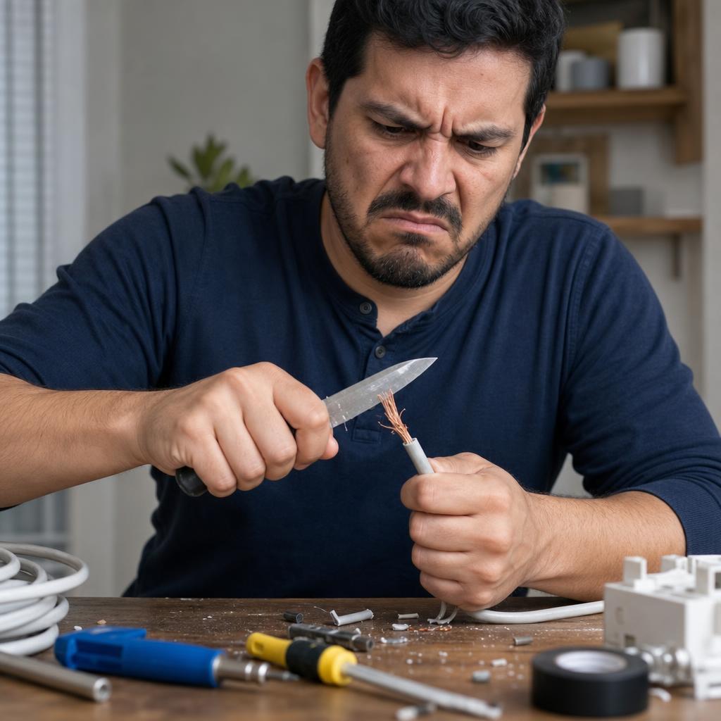 Hombre pelando un cable con cuchillo y dañando el cobre