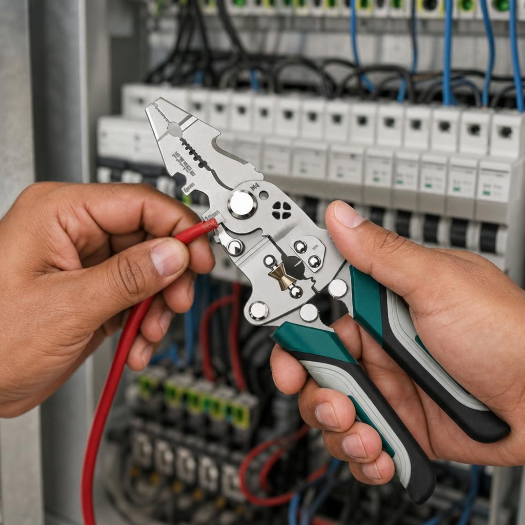 Electricista pelando un cable rojo con el pelacable en un tablero eléctrico