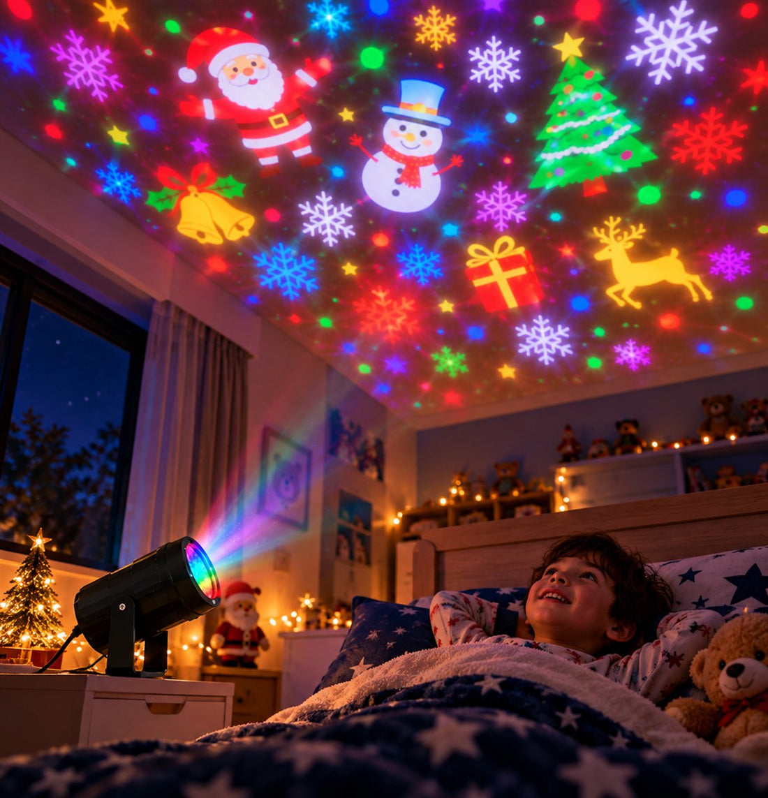 Proyector navideño como luz de noche en el cuarto de un niño