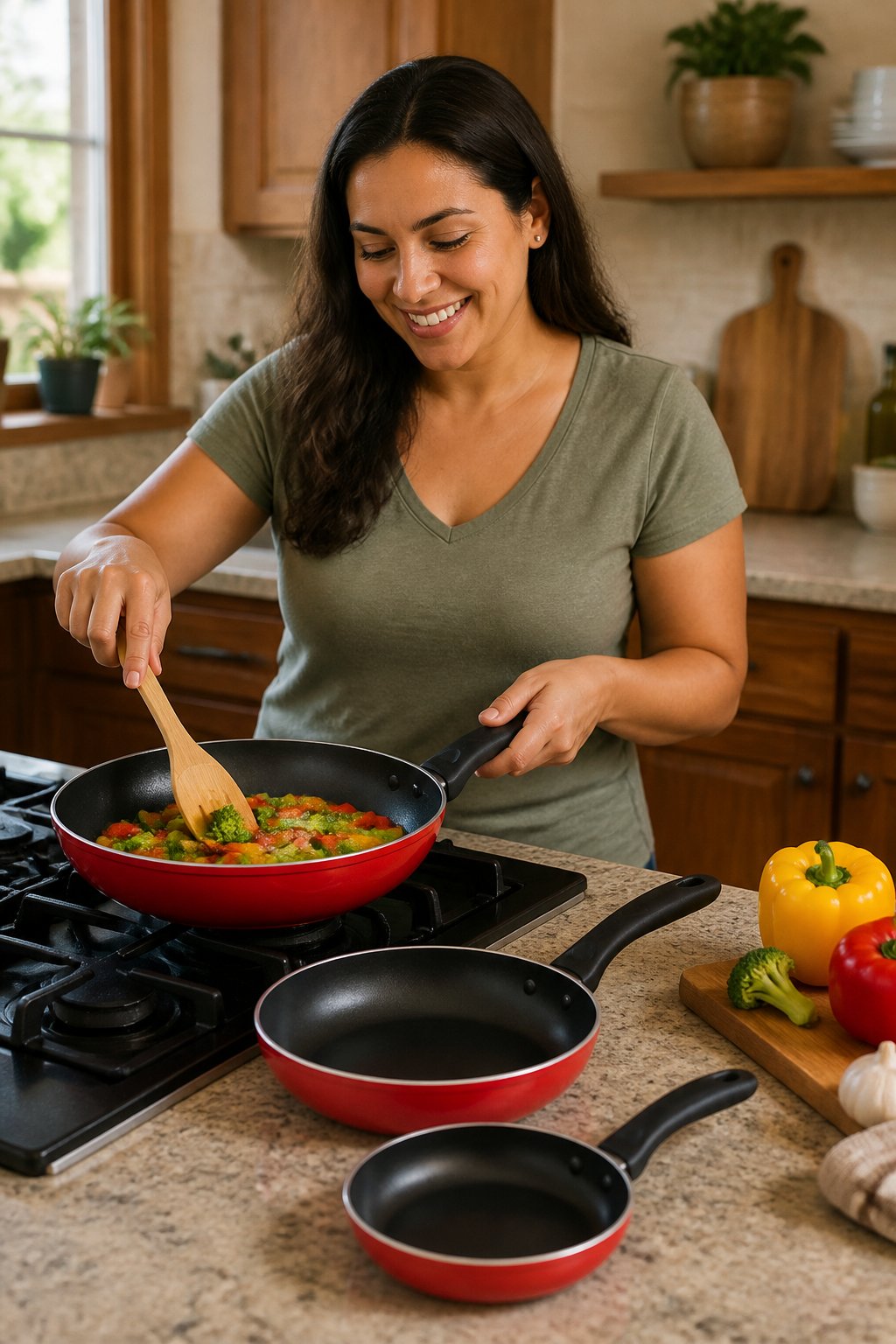 Juego de 3 sartenes antiadherentes rojos cocinando verduras