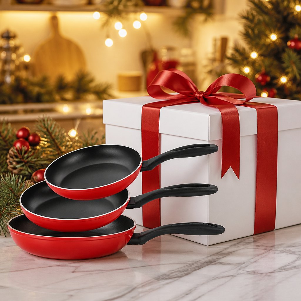 Juego de 3 sartenes antiadherentes rojos como regalo de Navidad